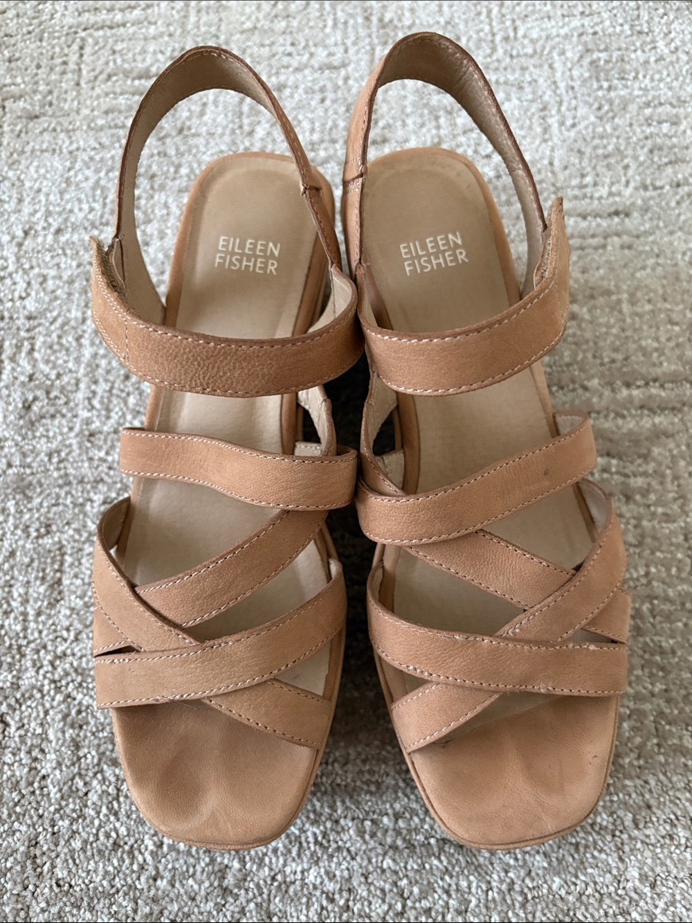 Eileen Fisher Camel Leather Multi-Strap Slingback Sandals